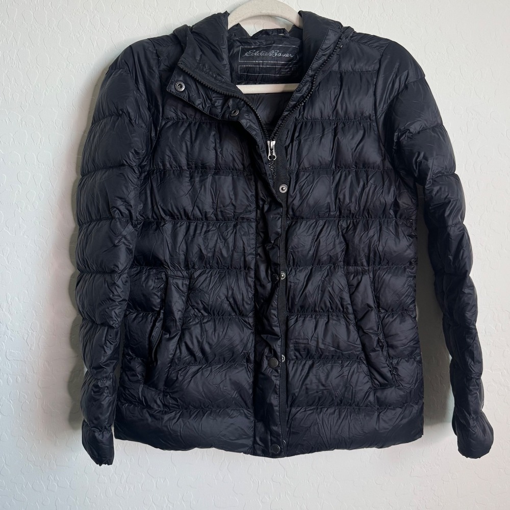 Eddie Bauer Womens Black Hooded Down Puffer‎ Jacket XS Gorpcore Outdoors